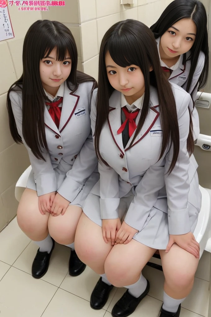 Three super beautiful Japanese high school girls、In uniform、Super fat、Super long straight hair、Big Breasts、Big Ass、Small private toilet in school、Sit together in the only toilet、Looks cramped