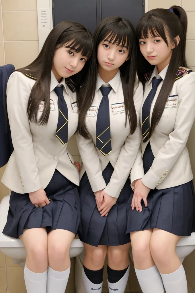 Three super beautiful Japanese high school girls、In uniform、Super fat、Super long straight hair、Big Breasts、Big Ass、Small private toilet in school、Sit together in the only toilet、Looks cramped