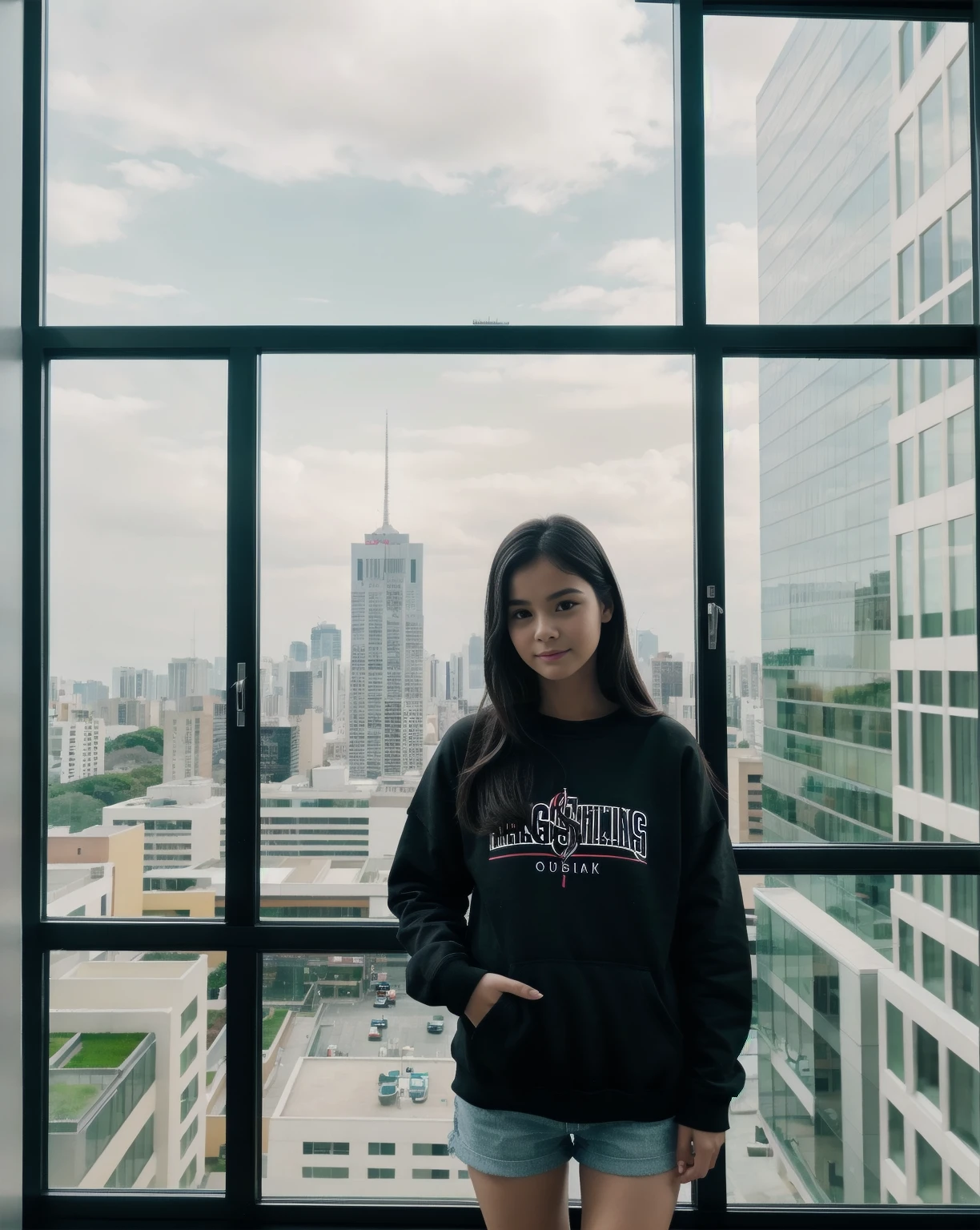 A beautiful young brazilian girl, (extremely pale skin:1) with black straight hair. wearing a black short with a red sweatshirt. standing, in a large room, window overlooking the terrace showing the modern city, photo from the knees, 4k, high quality,