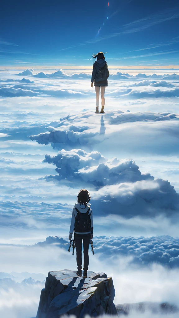 A girl standing on a mountain going above clouds, wearing a , with a blue sky and clouds background. The girl is facing away from the viewer. The image should be very detailed, with a resolution of 8k and high resolution.