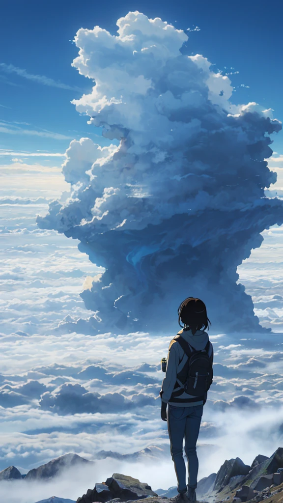 A girl standing on a mountain going above clouds, wearing a , with a blue sky and clouds background. The girl is facing away from the viewer. The image should be very detailed, with a resolution of 8k and high resolution.
