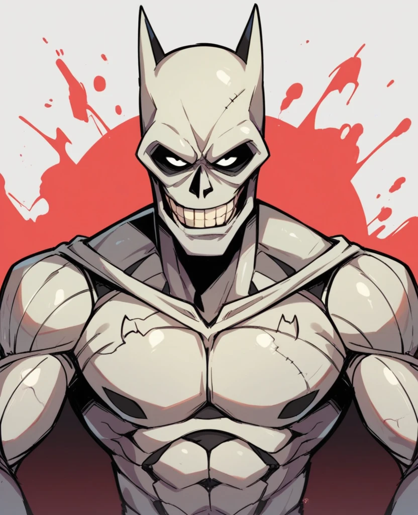 Zombified skeleton in batman suit half face is zombie half is  batman's mask