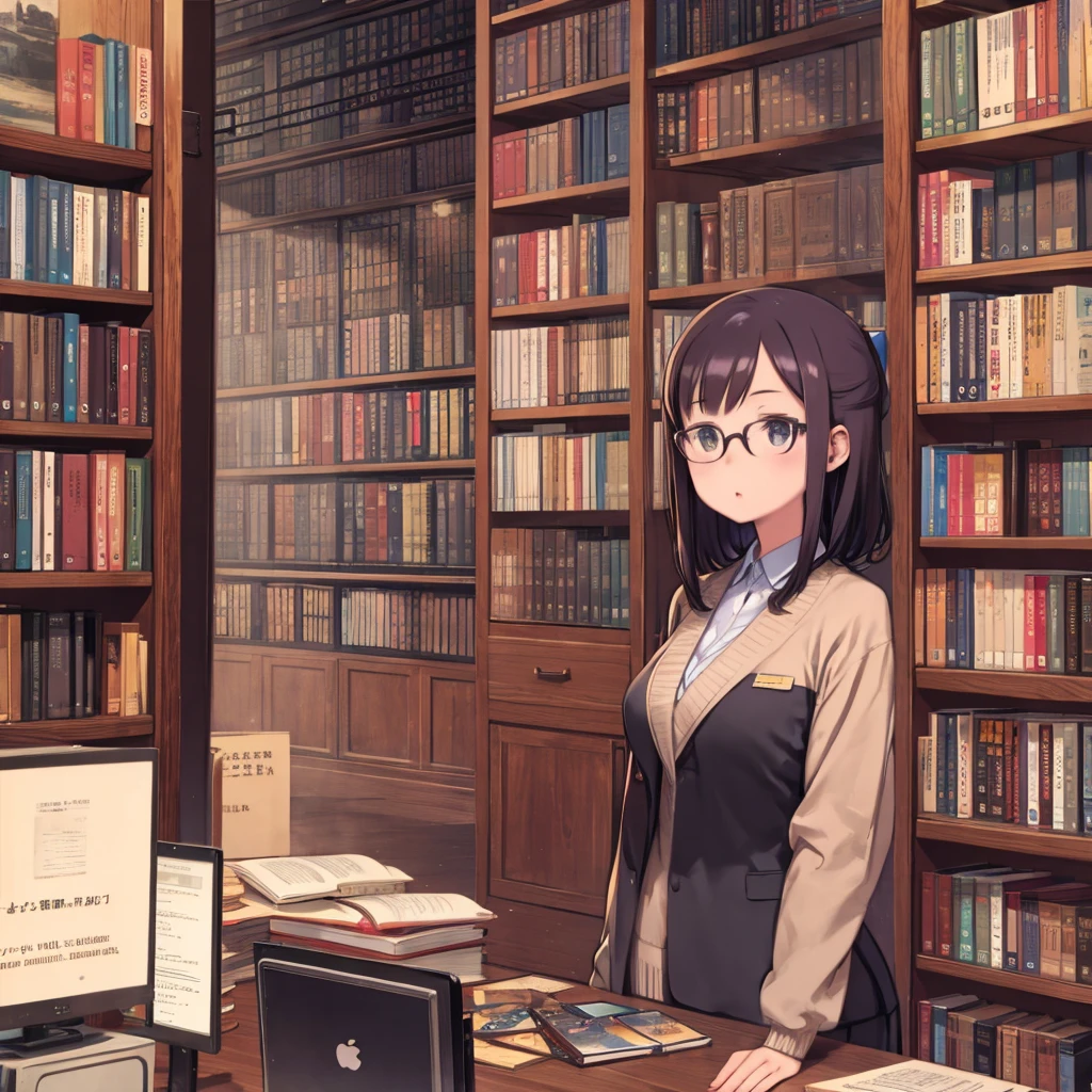 Huge library、1 Librarian、One Woman、small round glasses、
