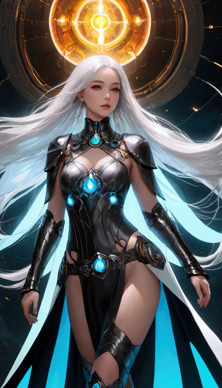 Cyberpunk style, Beautiful girl in armor, Flying in the sky, cape, scarf, Long legs, Long white hair,Hair accessories, electricity,flame,ice,gem,cloud, Metal Material,Wood texture, Depth of Field, Blurred background,(Exquisite craftsmanship, Fine details, A fusion of aesthetics and dynamics) + ( Exquisite scenes + Wide-angle lens + Soft touch) +(masterpiece, Top quality, best quality, Official Art, beautiful and aesthetic:1.2), (Fractal Art), rich and colorful, Glowing skin,