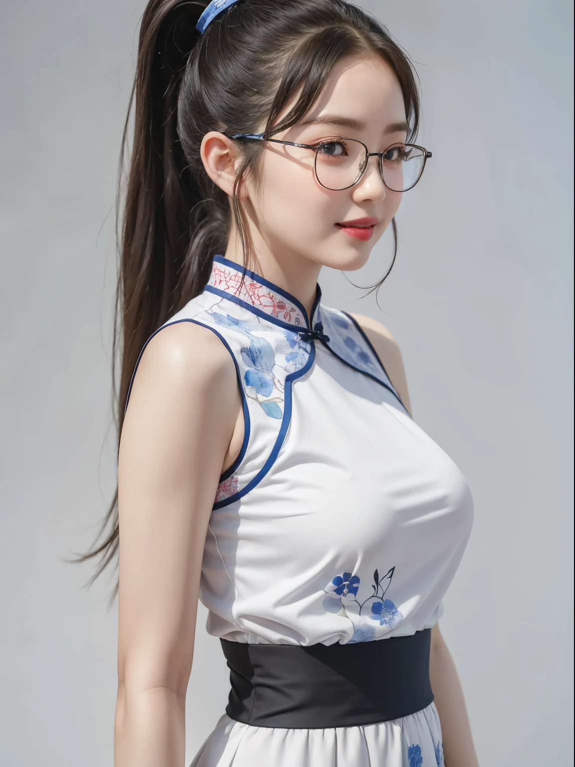 (Best quality, masterpiece, detailed), (RAW, 4k, hd images), shy, 1 girl, , white skin, long hair, ponytail, layers hair, bangs, black hair, beautiful girl, cute girl, sweet girl, pretty girl, perfect girl, pretty eyes, blue eyes, thin lips, thin, eye line, perfect round breast, glasses(detailed frame), simple background, smile, waist, hips, cheongsam with floral embrodery, side angle capture, half body, standing, potrait, side breast