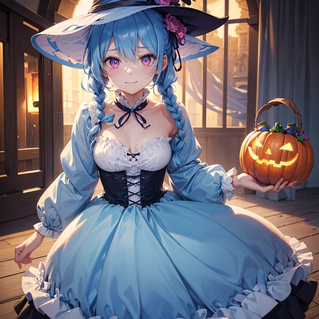 (Light blue medium hair),(Braided hair tied together)、Pink eyes、Fair skin、cowboy shot、Halloween、The background is a pumpkin ghost、Trick or Treat、A lot of sweets、witch、Halloweenナイトパーティー、Candy、Cosplay、A surprising smile、A dignified figure、solo、(masterpiece、Highest quality、Very detailed、Best Shadow)、(Detailed Background)、(Beautifully detailed face)、High contrast、(Best lighting、Very delicate and beautiful)、(Cinematic Light)、colorful、Hyper Detail、Dramatic Light、Exquisite detail、