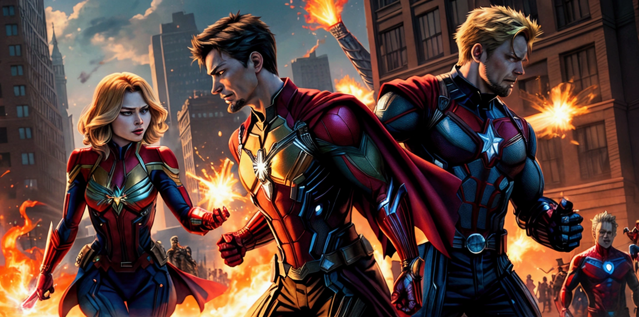 Very detailed，Superhero Waghting Stance，Captain America，Captain Marvel，Iron Man，Thor，Doctor Strange，Ant-Man，Groot，Rocket Raccoon，Spider-Man，Black Panther，Black Widow，Hawkeye，the hulk，Scarlet Witch，Attack each other，Intricate details，There are other superheroes in the distance，The collapsed Grand Plaza，The flames of war，realistic