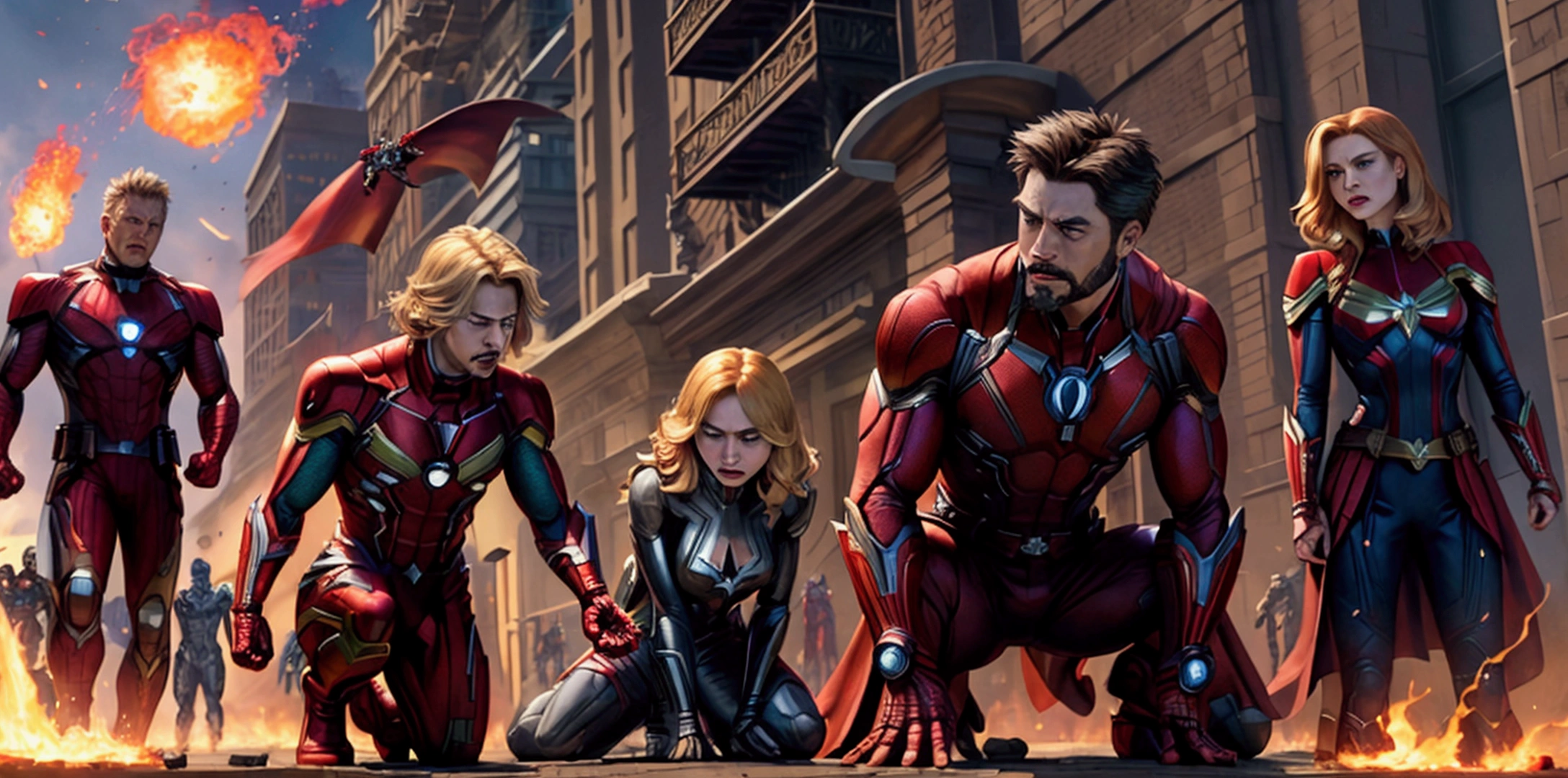 Very detailed,Superhero Waghting Stance,Captain America,Captain Marvel,Iron Man,Thor,Doctor Strange,Ant-Man,Groot,Rocket Raccoon,Spider-Man,Black Panther,Black Widow,Hawkeye,the hulk,Scarlet Witch,Attack each other,Intricate details,There are other superheroes in the distance,The collapsed Grand Plaza,The flames of war,realistic