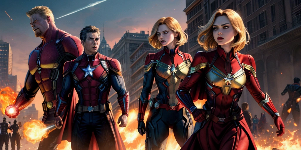 Very detailed，Superhero Waghting Stance，Captain America，Captain Marvel，Iron Man，Thor，Doctor Strange，Ant-Man，Groot，Rocket Raccoon，Spider-Man，Black Panther，Black Widow，Hawkeye，the hulk，Scarlet Witch，Attack each other，Intricate details，There are other superheroes in the distance，The collapsed Grand Plaza，The flames of war，realistic