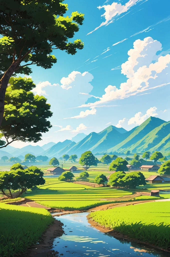 very detail painting of a distance rice farm, village road, a boy fishing near small rocky river, coconut trees, ((no mountains)), beautiful scenery, tropical heaven, anime countryside landscape, anime landscape wallpaper, sharp outlines, anime landscape, beautiful anime scenery, beautiful puffy clouds. anime, anime scenery, anime background, anime background art, country landscape, anime beautiful peace scene, beautiful anime scene, countryside, hd wallpaper, anime movie background, high quality desktop wallpaper, landscape wallpaper