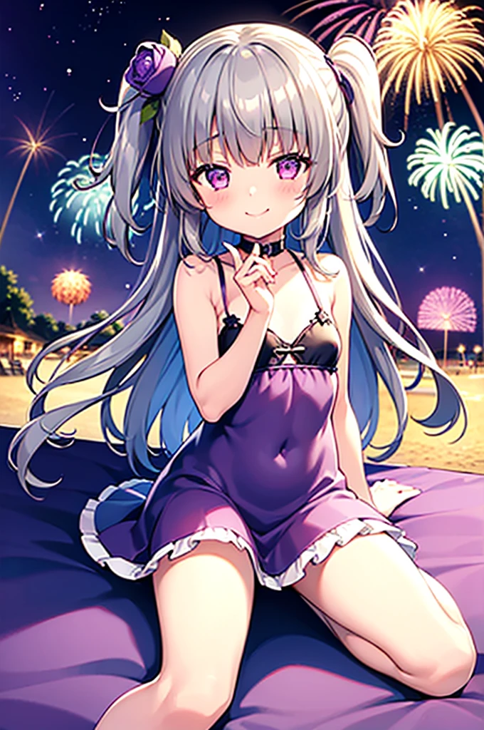 Himari Meimei, masterpiece, Voluptuous thighs, petit body,  girl, flat chest, {1 Girl}, Cute and erotic smile, Highly detailed sparkling purple eyes, summer night, fireworks,  困り眉, open legs, legs up, brilliant silver grey hair, lying on beach bed, 