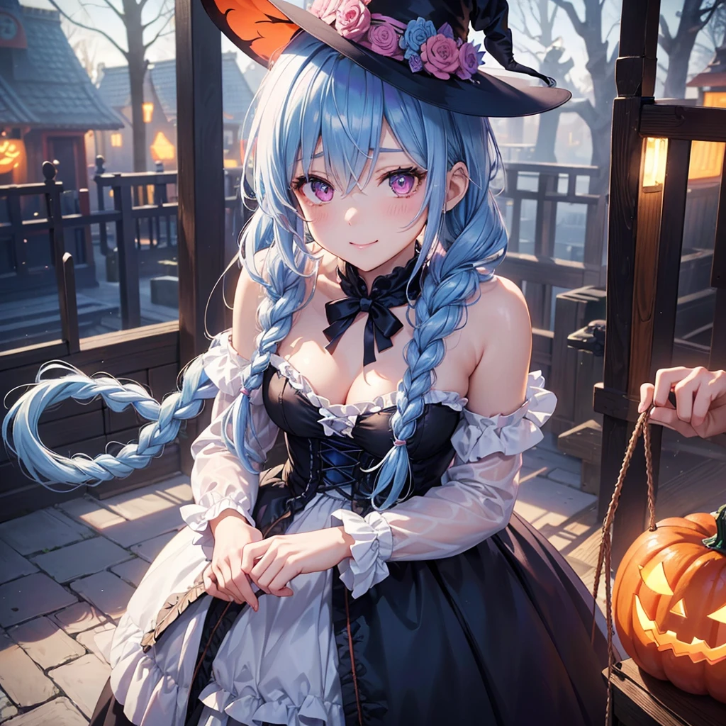 (Light blue medium hair),(Braided hair tied together)、Pink eyes、Fair skin、cowboy shot、Halloween、The background is a pumpkin ghost、Trick or Treat、A lot of sweets、witch、Halloweenナイトパーティー、Candy、Cosplay、A surprising smile、A dignified figure、solo、(masterpiece、Highest quality、Very detailed、Best Shadow)、(Detailed Background)、(Beautifully detailed face)、High contrast、(Best lighting、Very delicate and beautiful)、(Cinematic Light)、colorful、Hyper Detail、Dramatic Light、Exquisite detail、