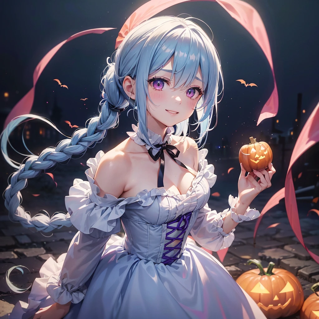 (Light blue medium hair),(Braided hair tied together)、Pink eyes、Fair skin、cowboy shot、Halloween、The background is a pumpkin ghost、Trick or Treat、A lot of sweets、witch、Halloweenナイトパーティー、Candy、Cosplay、A surprising smile、A dignified figure、solo、(masterpiece、Highest quality、Very detailed、Best Shadow)、(Detailed Background)、(Beautifully detailed face)、High contrast、(Best lighting、Very delicate and beautiful)、(Cinematic Light)、colorful、Hyper Detail、Dramatic Light、Exquisite detail、