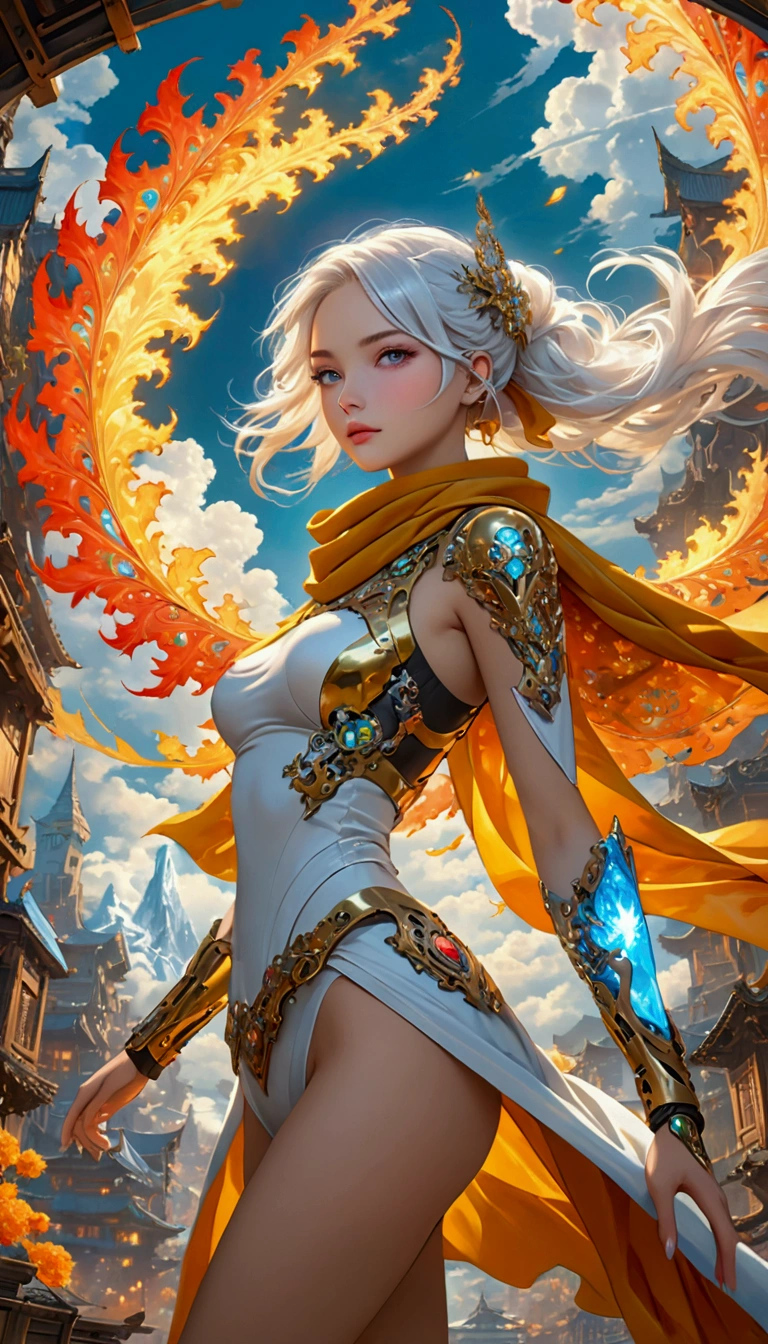 Cyberpunk style, Beautiful girl in armor, Flying in the sky, cape, scarf, Long legs, Long white hair,Hair accessories, electricity，flame，ice，gem，cloud, Metal Material，Wood texture, Depth of Field, Blurred background,(Exquisite craftsmanship, Fine details, A fusion of aesthetics and dynamics) + ( Exquisite scenes + Wide-angle lens + Soft touch) +(masterpiece, Top quality, best quality, Official Art, beautiful and aesthetic:1.2), (Fractal Art), rich and colorful, Glowing skin,