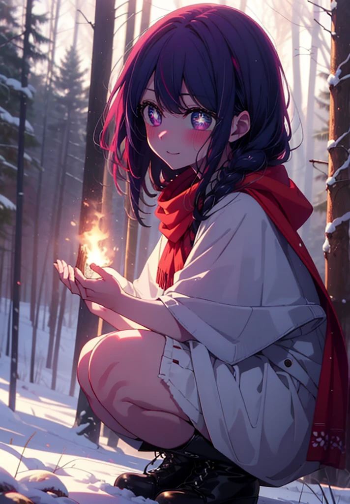 aihoshino, Ai Hoshino, Long Hair, bangs, (Purple eyes:1.1), Purple Hair, (Symbol-shaped pupil:1.5), smile,,smile,blush,white breath,
Open your mouth,snow,Ground bonfire, Outdoor, boots, snowing, From the side, wood, suitcase, Cape, Blurred, , forest, White handbag, nature, Squat, Mouth closed, Cape, winter, Written boundary depth, Black shoes, red Cape break looking at viewer, Upper Body, whole body, break Outdoor, forest, nature, break (masterpiece:1.2), Highest quality, High resolution, unity 8k wallpaper, (shape:0.8), (Beautiful and beautiful eyes:1.6), Highly detailed face, Perfect lighting, Extremely detailed CG, (Perfect hands, Perfect Anatomy),