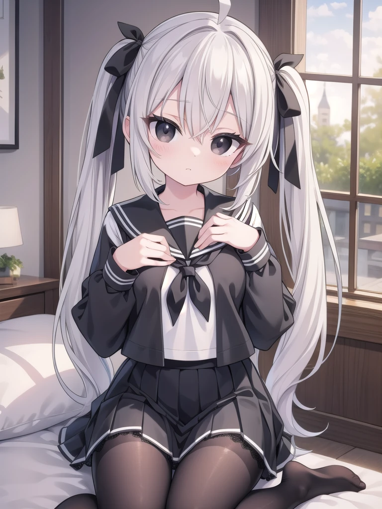 sorakasugano, sora kasugano, ahoge, (black eyes:1.5), hair between eyes, hair ribbon, long hair, twintails, black ribbon, white hair, (flat chest:1.2),
BREAK porn, Show your breasts, Lace bra, loafers, long sleeves, miniskirt, pantyhose, pleated skirt, sailor collar, , serafuku, , white sailor collar, white serafuku,
BREAK looking at viewer,
BREAK indoors, bed room,
BREAK (masterpiece:1.2), best quality, high resolution, unity 8k wallpaper, (illustration:0.8), (beautiful detailed eyes:1.6), extremely detailed face, perfect lighting, extremely detailed CG, (perfect hands, perfect anatomy),