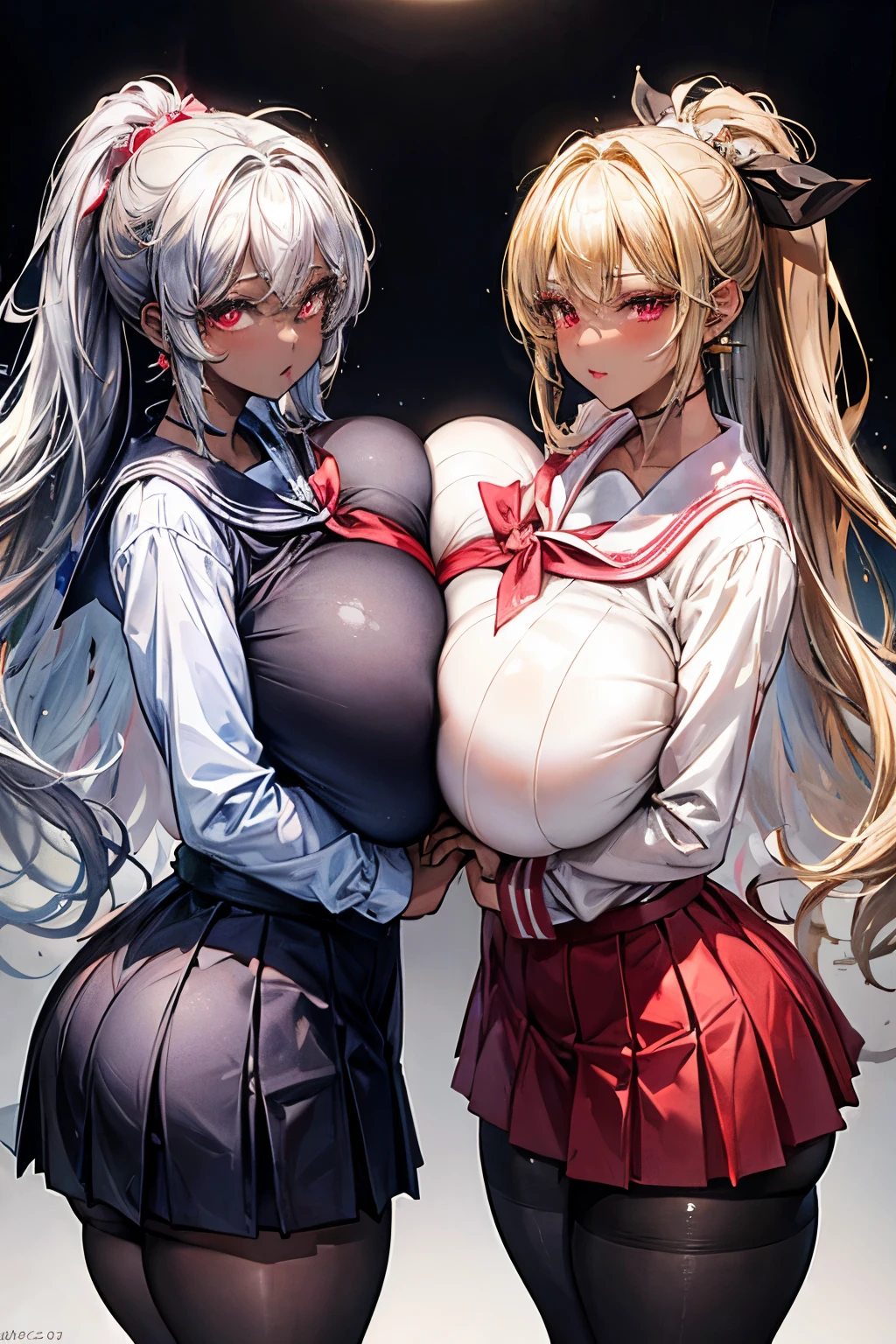 Two teenage girls，angry look，equivalent height，In the classroom，black and blonde hair，Facing each other and staring，hug each other，The two bodies are close to each other，kiss、Picture of two people、Holding hands and facing each other、Photograph of two people facing each other、Push each other、Stick your boobs and boobs together