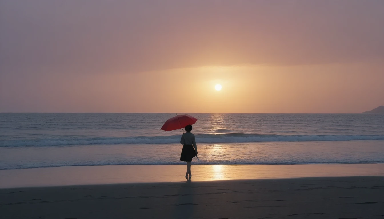 8k, Vivid picture quality, long deserted beach, A short-haired woman walking from afar, red light of sunset, alone, afternoon, depressed, tide가 밀려온다, ocean, tide, black umbrella , wind, short korean girl, 잔잔한 tide,