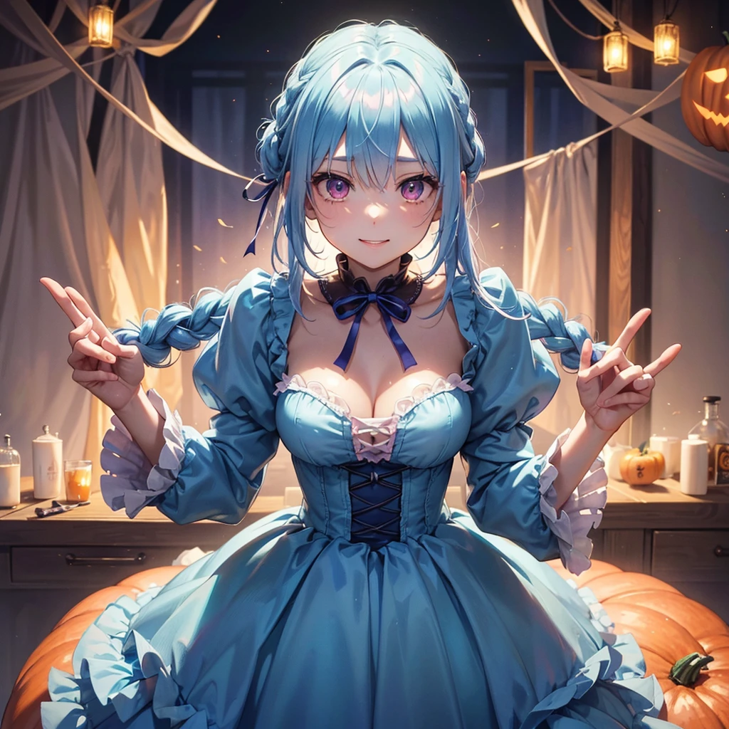 (Light blue medium hair),(Braided hair tied together)、Pink eyes、Fair skin、cowboy shot、Halloween、The background is a pumpkin ghost、Trick or Treat、A lot of sweets、witch、Halloweenナイトパーティー、Candy、Cosplay、A surprising smile、A dignified figure、solo、(masterpiece、Highest quality、Very detailed、Best Shadow)、(Detailed Background)、(Beautifully detailed face)、High contrast、(Best lighting、Very delicate and beautiful)、(Cinematic Light)、colorful、Hyper Detail、Dramatic Light、Exquisite detail、