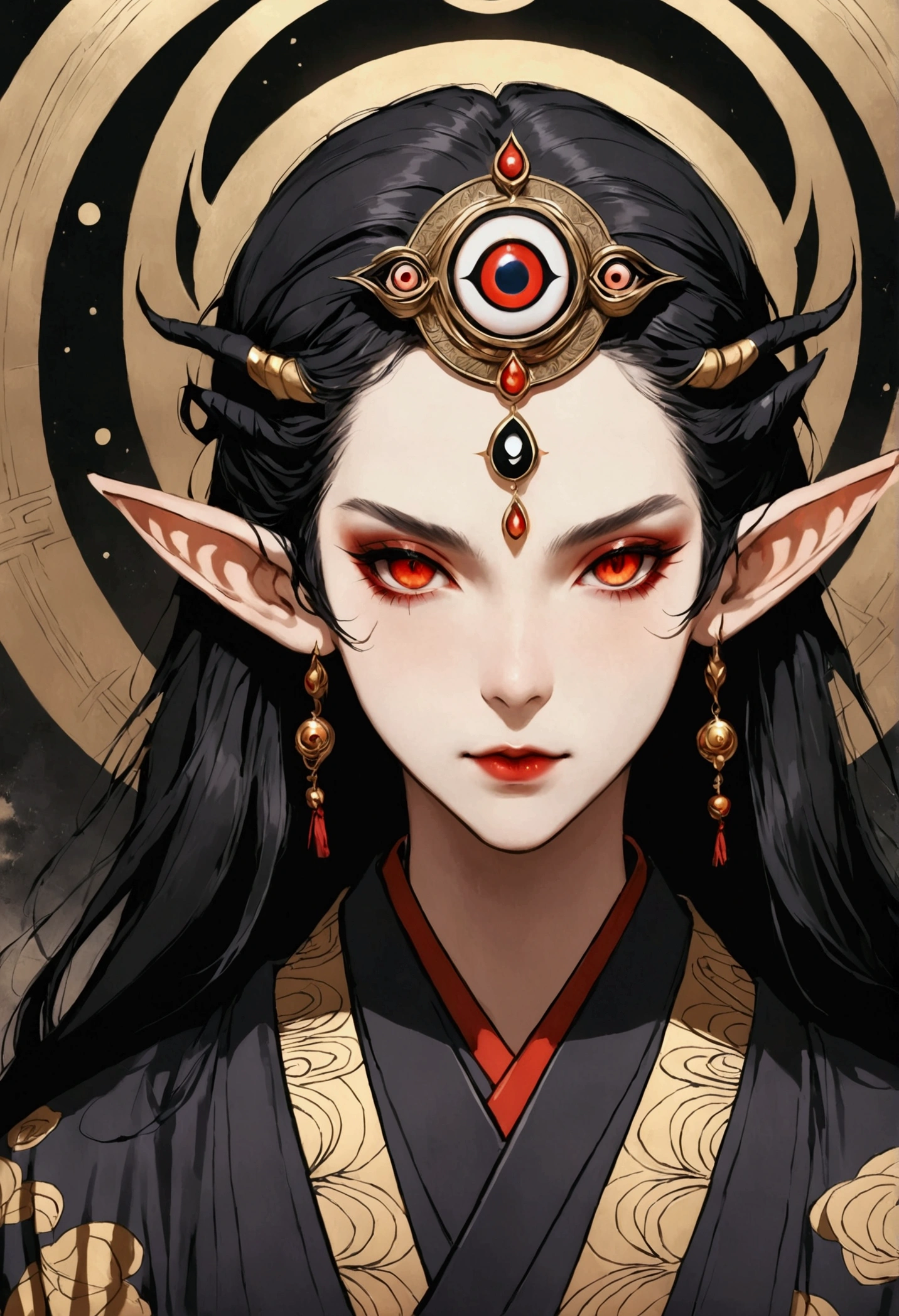 (masterpiece, best quality), Japanese cartoons, Japanese cartoons style, illustration,艺术illustration，Dark Style，(((1 boy，solo，The third eye on the forehead，Elf ears))),(((Gorgeous Japanese purple kimono：1.6，Eye))).(((Thin waist，Orange belt：1.37)))whole body，Death Stare Background。