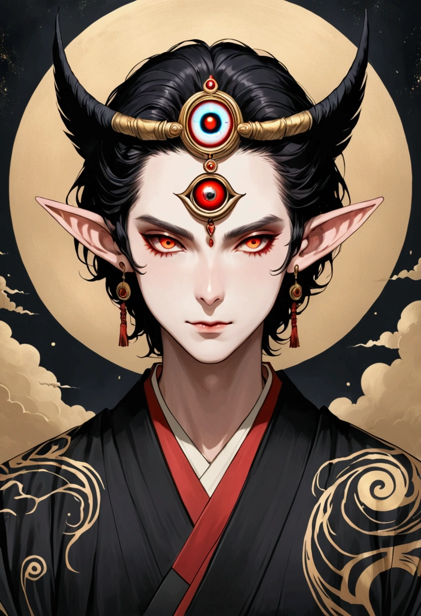 Digital board painting,Flat coating,Thick coating,Dark illustration,(((1 Prince,独奏,third eye on the forehead,Dark eyeshadow.Elf ears))),(((Japanese robe kimono:1.6))).solemn,majesty,momentum,whole body,black and gold,red