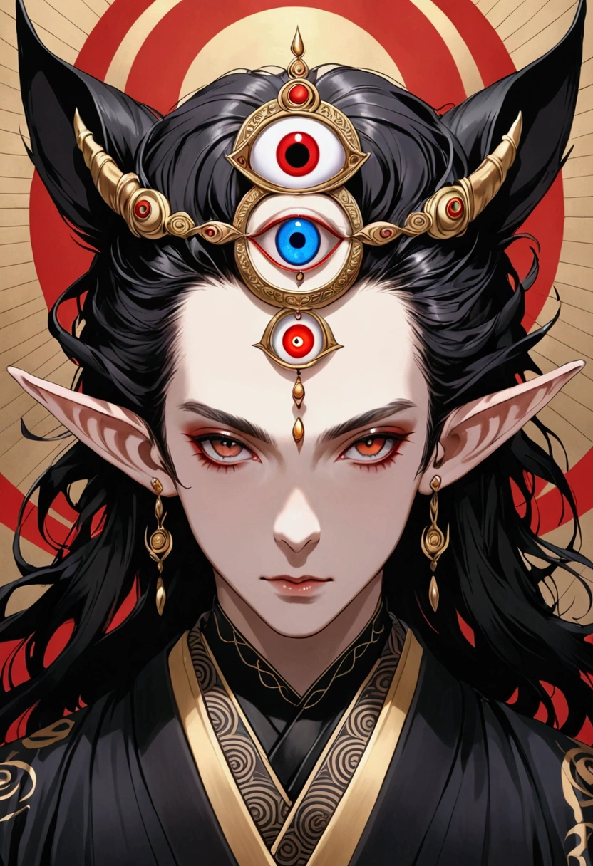 Digital board painting,Flat coating,Thick coating,Dark illustration,(((1 Prince,独奏,third eye on the forehead,Dark eyeshadow.Elf ears))),(((Japanese robe kimono:1.6))).solemn,majesty,momentum,whole body,black and gold,red