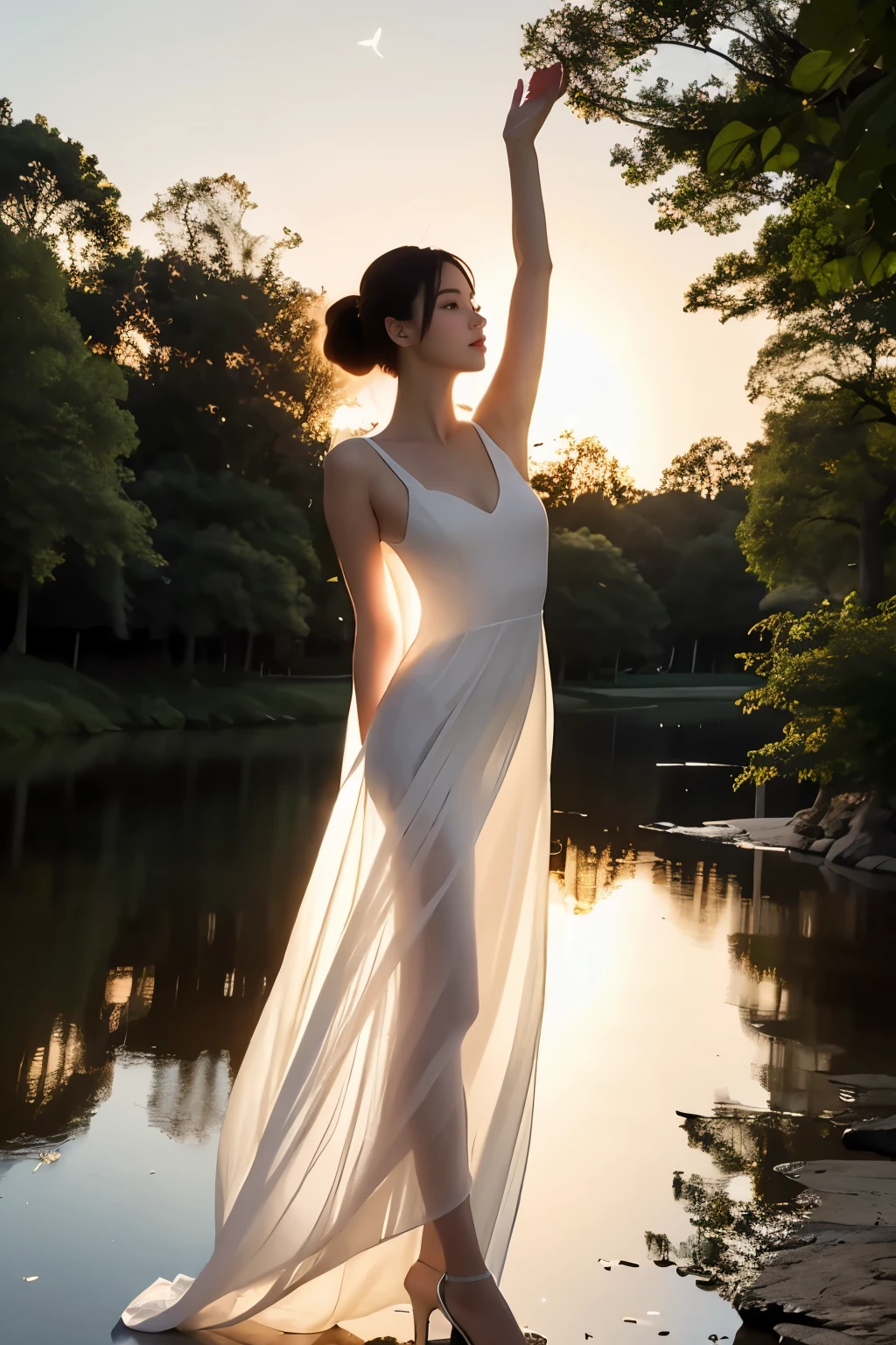 (masterpiece, best quality:1.2), 1girl,arm up,stretching, solo, delicate face, white-skinned female, see-through silhouette, white dress, full body,besides a blue lake, night sky,stars,forest,Reflections in the water,,luminous butterflies, fluttering butterflies,covered_pussy