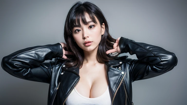 You are a professional photographer。masterpiece、8K、Highest quality, Soft Light, Ultra-high resolution, (Realistic:1.4), RAW Photos,24 years old Japanese girl, alone, cute, bangs、(pupil, Light in your eyes), Beautiful face in every detail, (Small box),(High resolution detail of human skin texture),Cleavage
、Biker、Wear a rider's jacket、Accurate background、(Leaning on the motorcycle)、Wear tight pants、Showing off your legs
、(Portraiture)