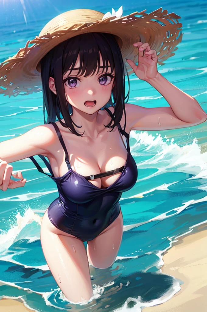 Random patterned swimsuit、Random Swimsuit、Swimsuits in random colors、Random pose、、Acme Face、Random pose、, Pale purple eyes、Semi-long hair、Black Hair、Sandy Beach、、、nsfw、Highest quality、1 girl、solo、Ocean、Sexy pose、Random pose、Blushing、wet、Embarrassed、I can see half of my 、、One Piece Swimwear、(Strap slip:1.3)、Swimsuits in random colors、Swimwear