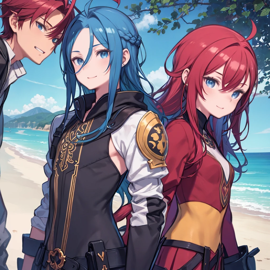masterpiece, Highest quality, High resolution, Ant 1, One girl, alone, Blonde, hair/and (League of Legends), Long Hair, Multicolored Hair, Open Hair, blue eyes, Two-tone hair, beach andy, smile, On either side of her were two boys., The red-haired boy on the left、The blue-haired boy on the right