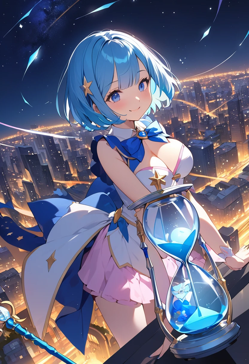 (Top quality illustrations:1.2), (pretty girl:1.1), (1 girl、17 years old), (1 girl、smile)、Bright blue hair、Short Bob Hair、Beautiful breasts、Blue-haired magical girl with a wand、((The tip of the staff is a blue hourglass.))、Flying through the night sky with magic, Looking down on the city from the sky