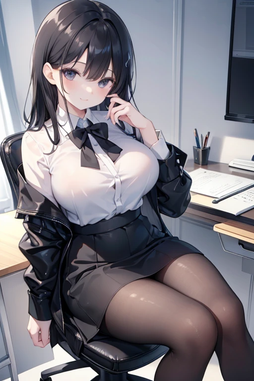 (masterpiece, best quality), a young black haired girl office secretary dressed in a transparent white blouse and black office skirt and black pantyhose ,sitting in an office chair, holding pencil, (detailed skin:1.3),(detailed eyes), (sharp focus), smile