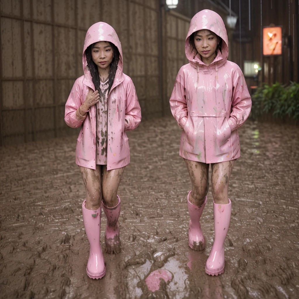 asian lady, cute pose, ((pink buttoned up raincoat)), ((wearing raincoat hood)), (((tall pink hunter rain boots))), ((((muddy splatters)))), ((mud dripping down raincoat)), (((rainy night city street))), intricate details, highly detailed, masterpiece, 8k, photorealistic, cinematic lighting, vibrant colors, soft focus, elegant, feminine, beautiful, serene, graceful