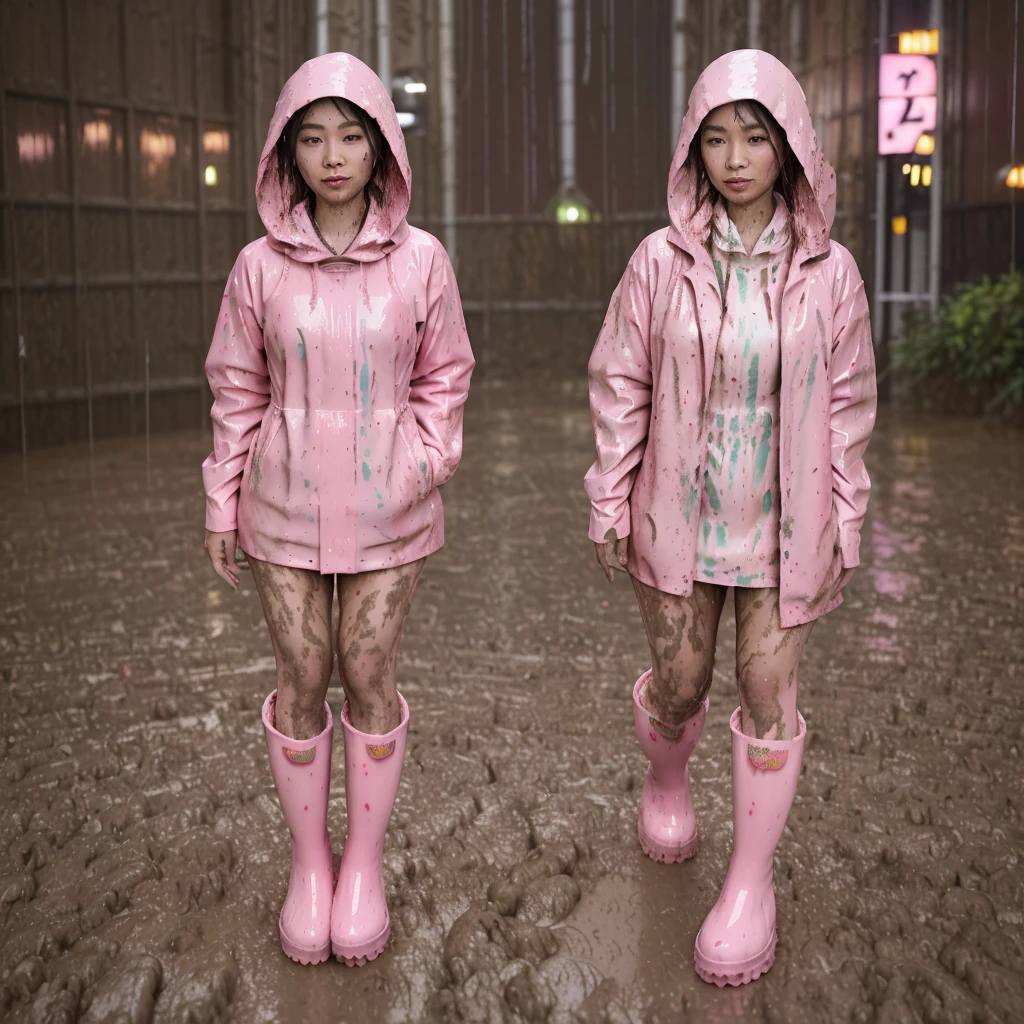 asian lady, cute pose, ((pink buttoned up raincoat)), ((wearing raincoat hood)), (((tall pink hunter rain boots))), ((((muddy splatters)))), ((mud dripping down raincoat)), (((rainy night city street))), intricate details, highly detailed, masterpiece, 8k, photorealistic, cinematic lighting, vibrant colors, soft focus, elegant, feminine, beautiful, serene, graceful