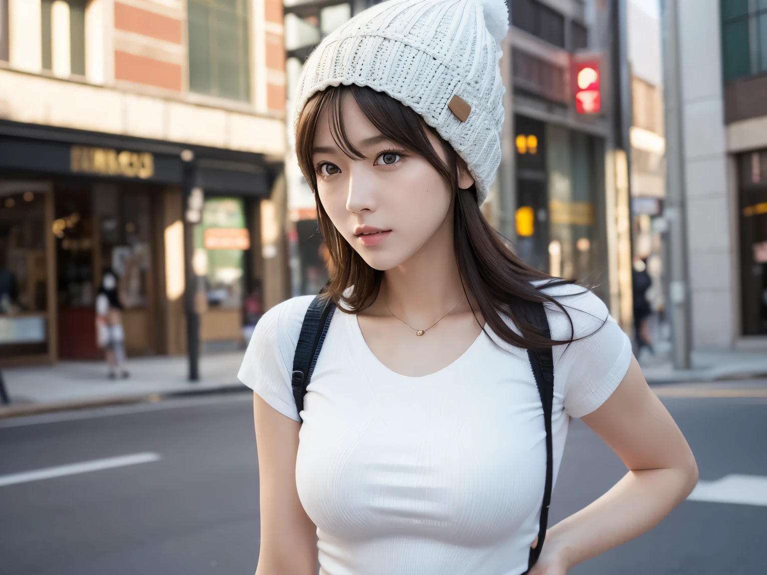 Photorealistic、Masseter region、Highest quality、High resolution、RAW Photos、Genuine、Bright lighting、Face Light、Smooth Professional Lighting、Japanese women、Beautiful Face、Just the right breasts、Knitted hat 1:3、Gorgeous T-shirt、The background is downtown during the day
