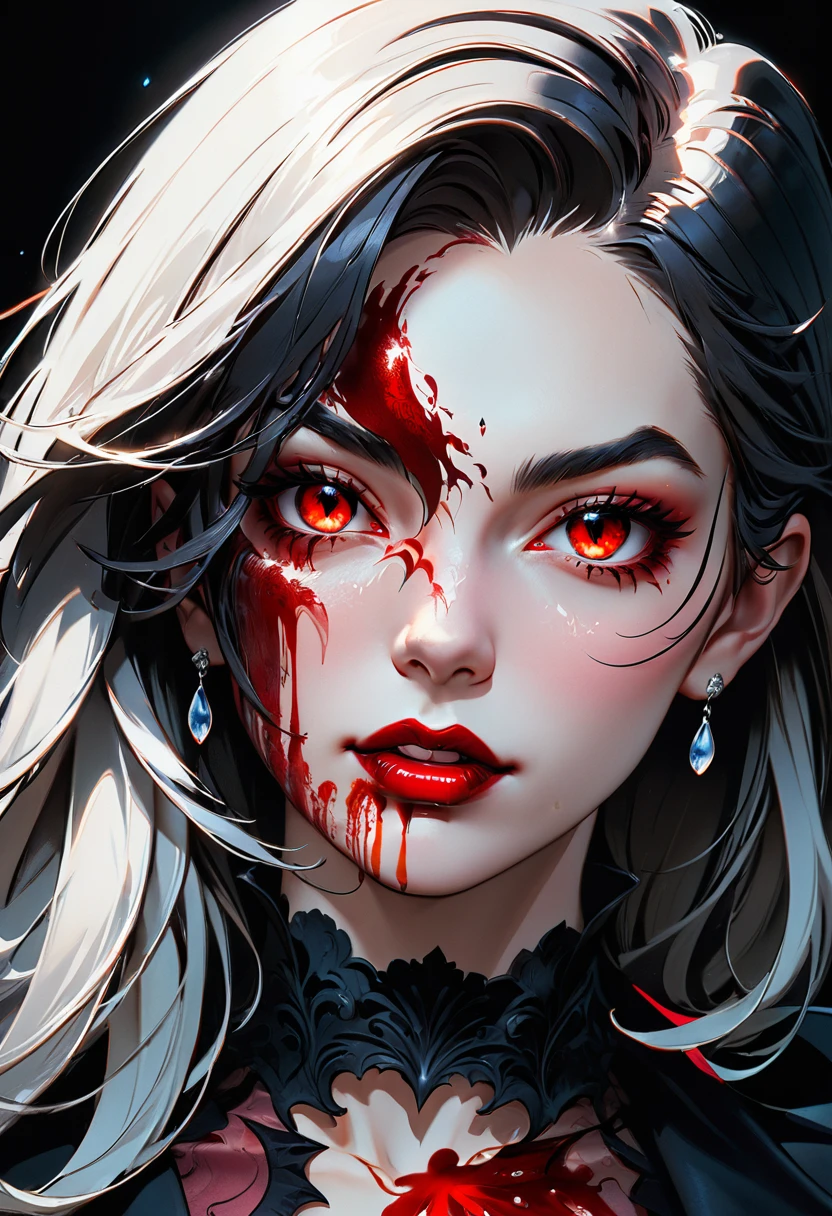 a portrait of vampire with a bloody tear coming down from he eye, an exotic beautiful female vampire, dynamic hair color, dynamic hair style, ultra detailed face, best detailed face, dynamic eye color, ((1single red teardrop, teardrop made of blood coming down from the eye: 1.3)),  Ultra-high resolution, High Contrast, (masterpiece:1.5), highest quality, Best aesthetics), 16K fantasy art, best details, best quality, highres, (ultra wide angle: 1.2), 16k, [ultra detailed], masterpiece, best quality, (extremely detailed), ladyshadow, magical sky, crying style