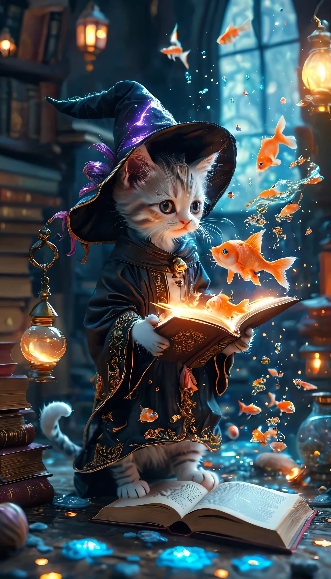 amazing quality, masterpiece, best quality, hyper detailed, ultra detailed, UHD, perfect anatomy, magic world,
(kitten and fish:1.4), fish in the air, spell magic to get fresh fish as food,( fish jumping from magic book:1.3),
a full body of a cute kitten, wearing witches robe, witches hat, holding magic book, magic book on one hand, spell magic,
hkmagic,
extremely detailed,
glowneon, glowing, sparks,