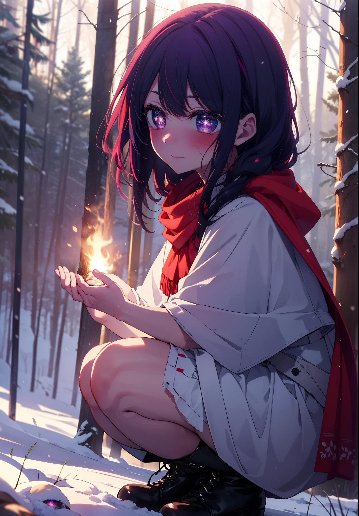 aihoshino, Ai Hoshino, Long Hair, bangs, (Purple eyes:1.1), Purple Hair, (Symbol-shaped pupil:1.5), smile,,smile,blush,white breath,
Open your mouth,snow,Ground bonfire, Outdoor, boots, snowing, From the side, wood, suitcase, Cape, Blurred, , forest, White handbag, nature,  Squat, Mouth closed, Cape, winter, Written boundary depth, Black shoes, red Cape break looking at viewer, Upper Body, whole body, break Outdoor, forest, nature, break (masterpiece:1.2), Highest quality, High resolution, unity 8k wallpaper, (shape:0.8), (Beautiful and beautiful eyes:1.6), Highly detailed face, Perfect lighting, Extremely detailed CG, (Perfect hands, Perfect Anatomy),