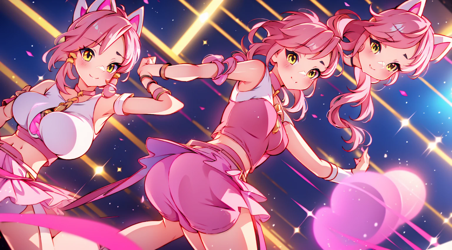 An anime girl with cat ears. Fake cat ears, and the cat ears are framed in gold on the head, long pink hair, very long hair, bright pink hair, white miniskirt with gold belt, She wears white gloves on her hands, pinker BH pinker Tanger, around the neck a golden collar, View to the viewer, 
sexly, large , tight juicy ass, elongated yellow eyes with pink fragments, cute face",,