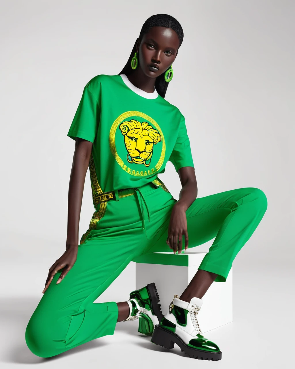 a model wear ovzrsize suit of green color,inside white t-shirt, posing for a picture, Edit pictures, high resolution, Edit photos, Official Versace Editor,wear ovzrsize suit,Balenciaga concept fashion photo ,