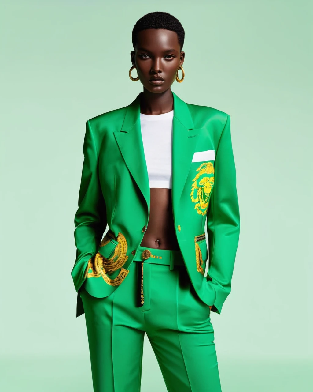a model wear ovzrsize suit of green color,inside white t-shirt, posing for a picture, Edit pictures, high resolution, Edit photos, Official Versace Editor,wear ovzrsize suit,Balenciaga concept fashion photo ,