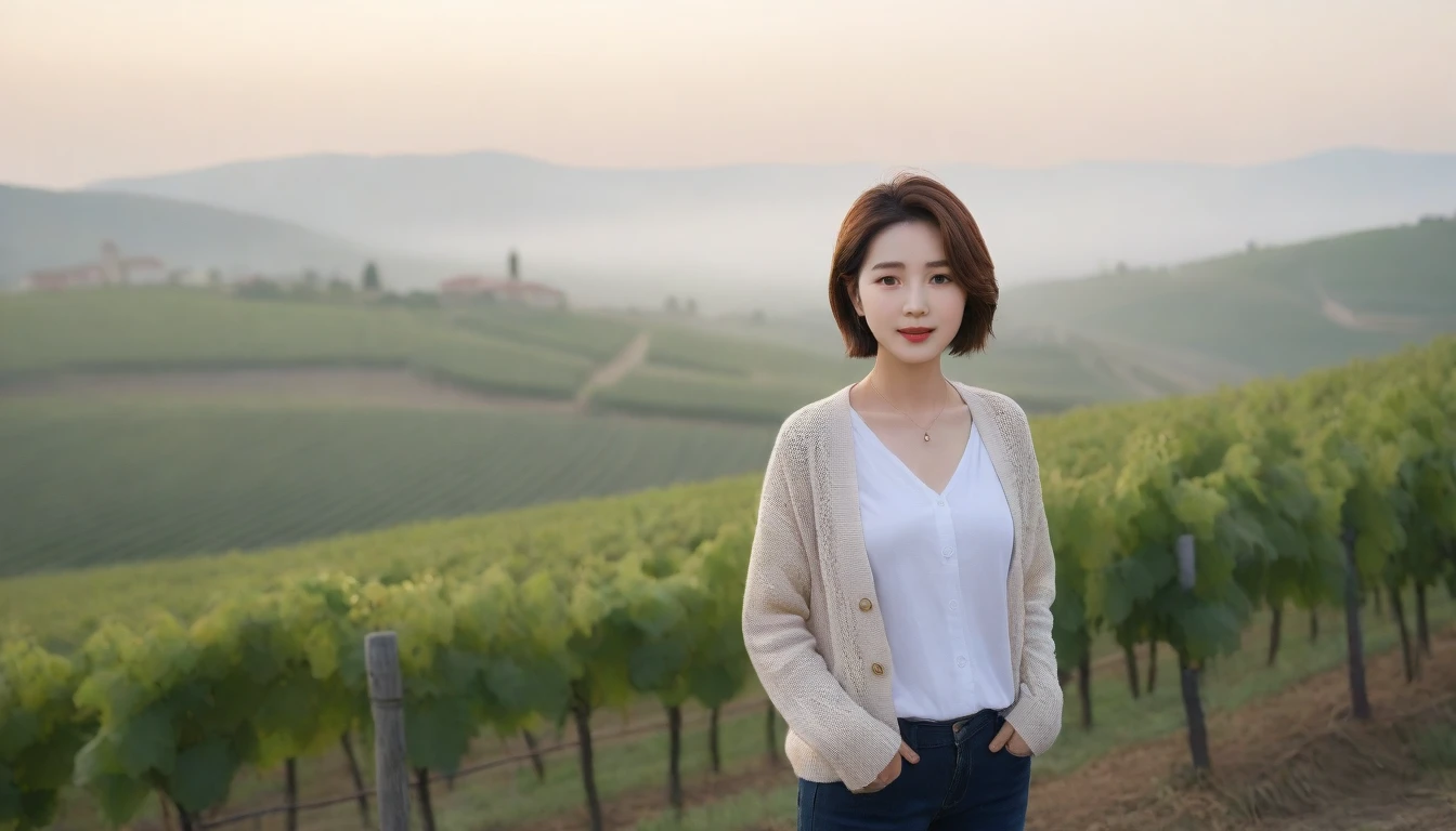8k realistic, lifelike photo,, 36 year old Korean woman, Short in stature, pretty like a model. front view, White shirt and short cardigan, casual pants, short medium hair, Italy. vineyard, thick dawn fog. vineyard 지나 짙은 안개 속으로 저 멀리 성당이 보인다. Full body shot from afar with a wide angle lens , 1 woman, Short in stature, looking at the camera