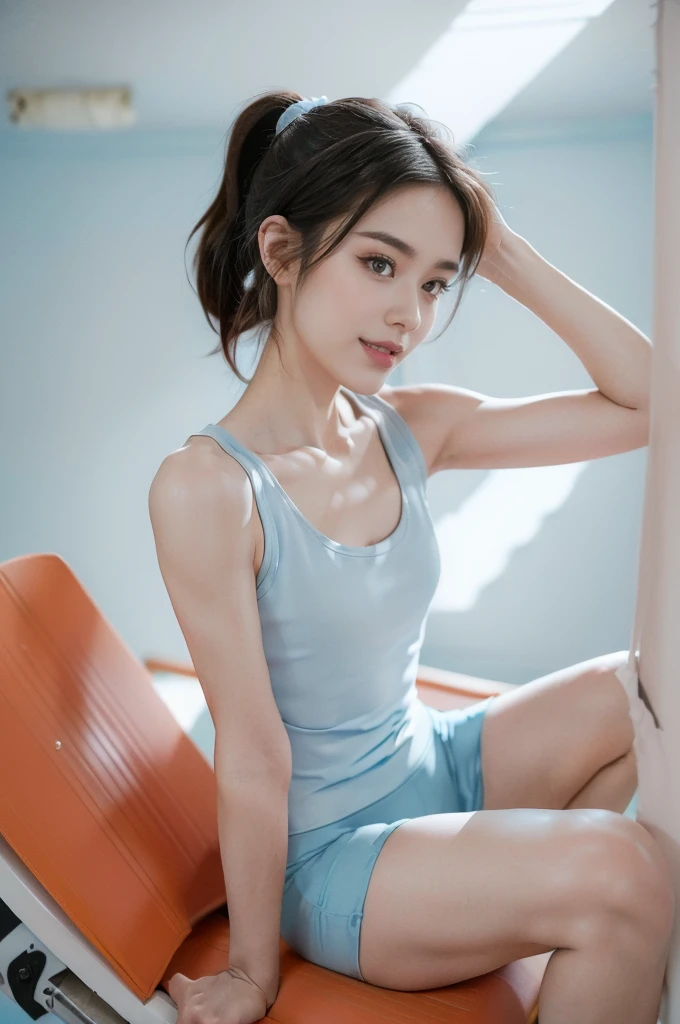 ((((8k))),((Extremely meticulous CG)) ,(wallpaper),16k,((Extremely refined and beautiful)),(((Masterpiece))),(((best qualtiy))),(((Ultra High Resolution))),beautiful light up,Perfect lightning,realistic shaded,((high resolution)),(Smooth and flawless fair skin:1.5),(pale skin:1.3),(Extremely exquisite facial details:1.2),(perfect body:1.1),(ultra-detailed),((A beautiful girl,solo)),(small head:1.2),(short ponytail:1.2),(small face:1.2),(baby face:1.3),(Exquisite makeup:1.2),((small breasts,flat chest)),((slim,thin)),(laughing:1.2),(happy:1.2),(light blue yoga tank top:1.3),(yoga shorts:1.3),(slender legs:1.2),(day scene:1.3),(indoor:1.2),(in the living room:1.3),(Gym style decoration style:1.3),(Various fitness equipment:1.3),(detailed background:1.5),(Sitting on the treadmill:1.3),(upper body:1.3),(from front:1.3)