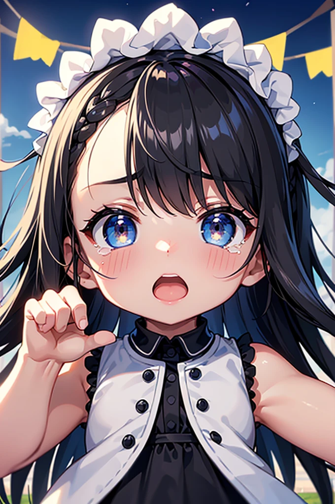Highest quality、High resolution、Detailed Background、Beautiful face in every detail、Anatomically correct、Detailed facial expressions、fine grain、One Girl、Black Hair、beautiful clear big blue eyes、Braided Bob、Chibi Girl、, Cute sleeveless summer outfits in bright colors、Flower Field、((hand up in the air:1.2)), (Show your palm:1.2)、Nothing in my hands、Angry face、Glaring at the audience、I have a lot of tears in my eyes、I am going to cry、Screaming with open mouth、(Hands close-up)