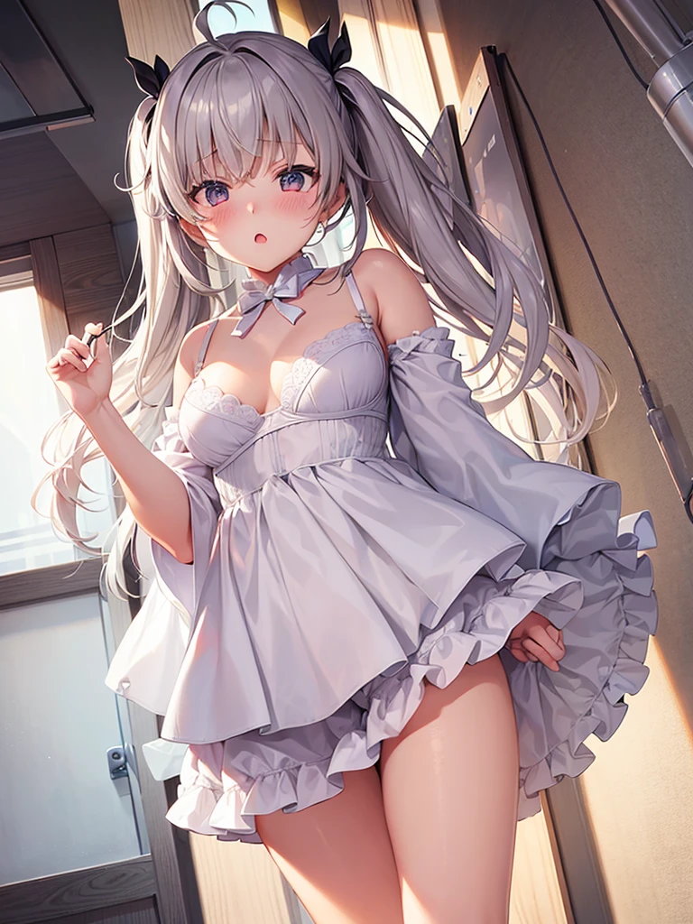 One girl, High resolution, Blushing, Character Design,bra,White panties,Twin tails,Low - Angle