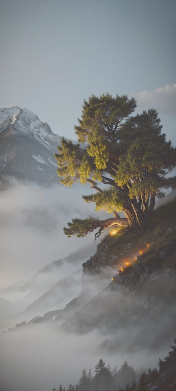 cinematic light, colorful, high contrast, mountain, grass, tree, night, (horror (theme):1.2), (monster:1.2), dark