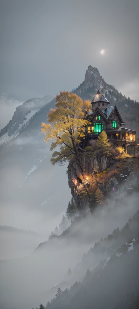 cinematic light, colorful, high contrast, mountain, grass, tree, night, (horror (theme):1.2), (monster:1.2), dark