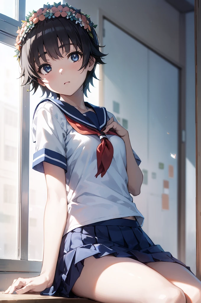 Kyoto Animation,shinkai makoto,uiharukazari, Kazari Uiharu, (black eye:1.5), Black Hair, flower, hair flower, hair ornaments, flower ring on head, short hair,
break armband, School uniforms are not distributed., , Seraphim, skirt, Summer clothes, neckerchief, red neckerchief, Blue sailor collar, Blue Card, Short sleeve,white lace flower decorative panties,White socks,
break looking at viewer,
break indoors, classroom,
break (masterpiece:1.2), Highest quality, High resolution, unity 8k wallpaper, (shape:0.8), (Fine and beautiful eyes:1.6), Highly detailed face, Perfect lighting, Highly detailed CG, (Perfect hands, Perfect Anatomy),