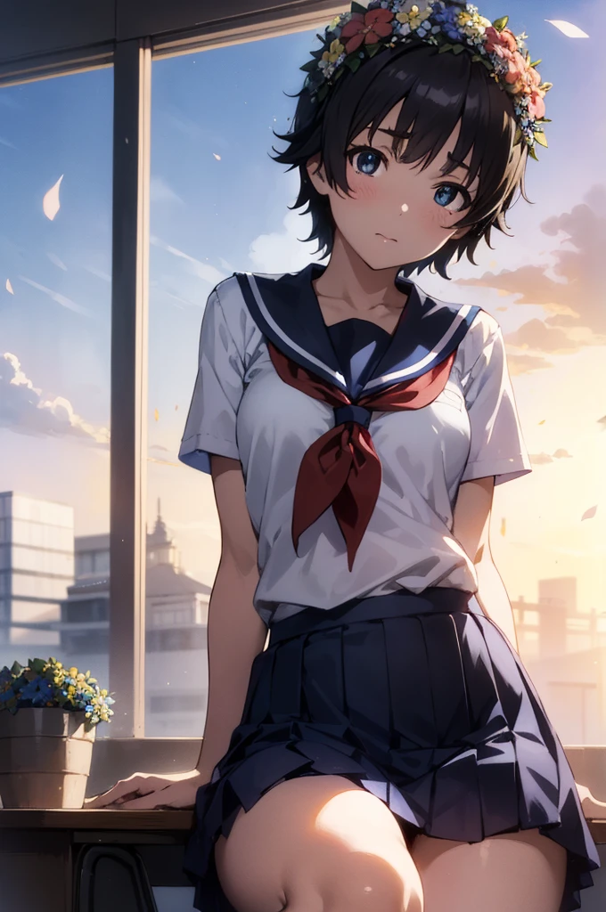 Kyoto Animation,shinkai makoto,uiharukazari, Kazari Uiharu, (black eye:1.5), Black Hair, flower, hair flower, hair ornaments, flower ring on head, short hair,
break armband, School uniforms are not distributed., , Seraphim, skirt, Summer clothes, neckerchief, red neckerchief, Blue sailor collar, Blue Card, Short sleeve,white lace flower decorative panties,White socks,
break looking at viewer,
break indoors, classroom,
break (masterpiece:1.2), Highest quality, High resolution, unity 8k wallpaper, (shape:0.8), (Fine and beautiful eyes:1.6), Highly detailed face, Perfect lighting, Highly detailed CG, (Perfect hands, Perfect Anatomy),