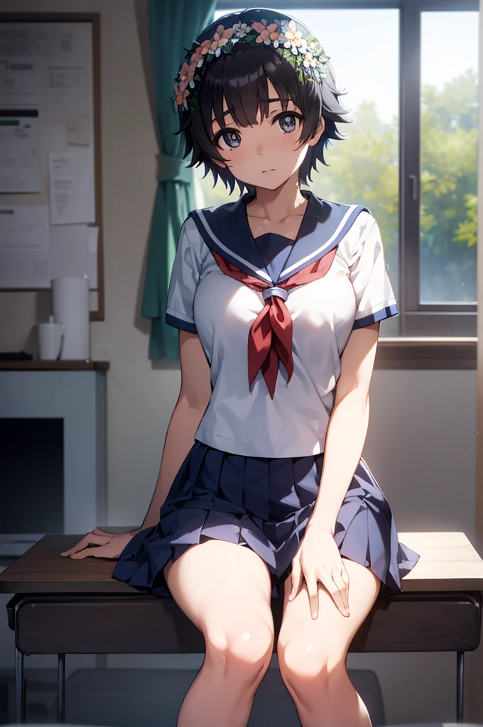 Kyoto Animation,shinkai makoto,uiharukazari, Kazari Uiharu, (black eye:1.5), Black Hair, flower, hair flower, hair ornaments, flower ring on head, short hair,
break armband, School uniforms are not distributed., , Seraphim, skirt, Summer clothes, neckerchief, red neckerchief, Blue sailor collar, Blue Card, Short sleeve,white lace flower decorative panties,White socks,
break looking at viewer,
break indoors, classroom,
break (masterpiece:1.2), Highest quality, High resolution, unity 8k wallpaper, (shape:0.8), (Fine and beautiful eyes:1.6), Highly detailed face, Perfect lighting, Highly detailed CG, (Perfect hands, Perfect Anatomy),